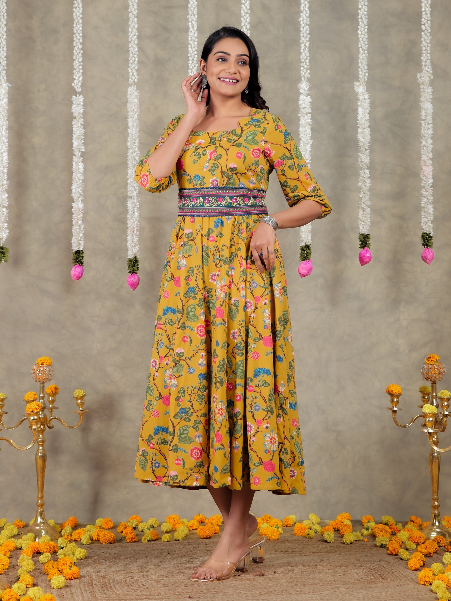 Embroidered Soft Cotton Floral Flared Mustard Dress