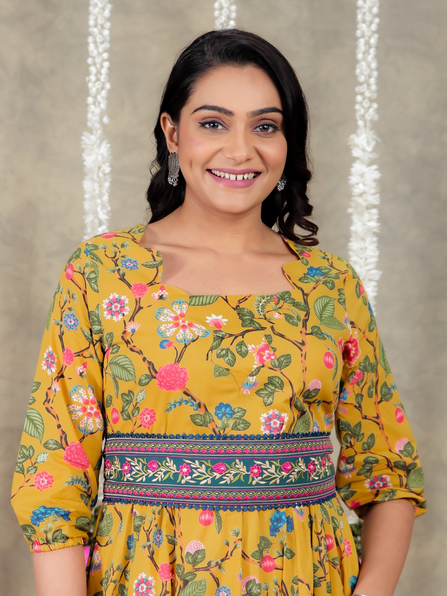 Embroidered Soft Cotton Floral Flared Mustard Dress
