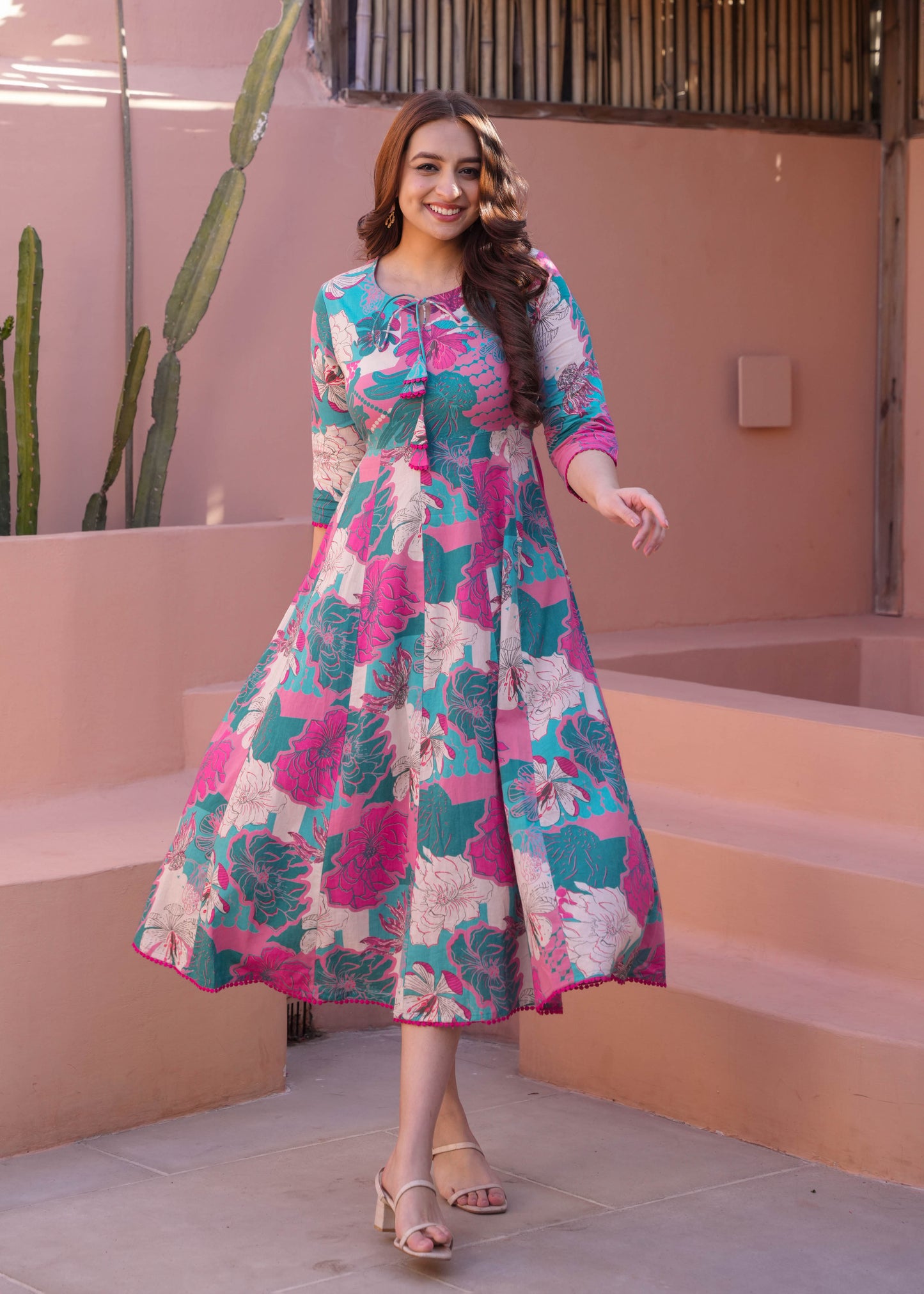 Soft Cotton Floral Flared Turquoise Dress