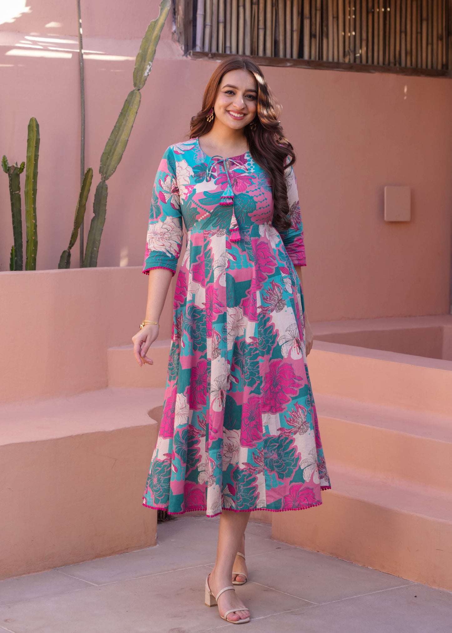 Soft Cotton Floral Flared Turquoise Dress