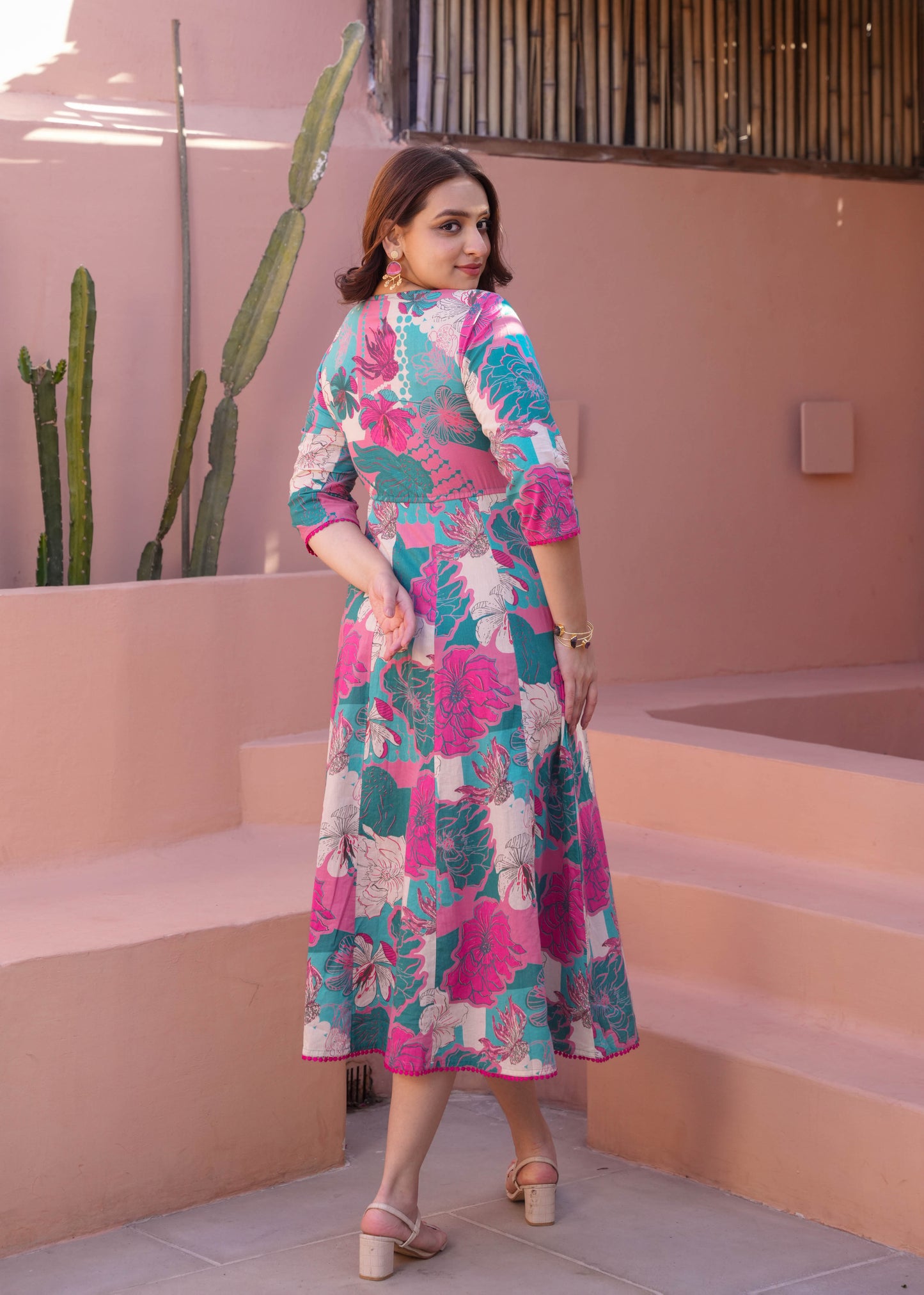 Soft Cotton Floral Flared Turquoise Dress