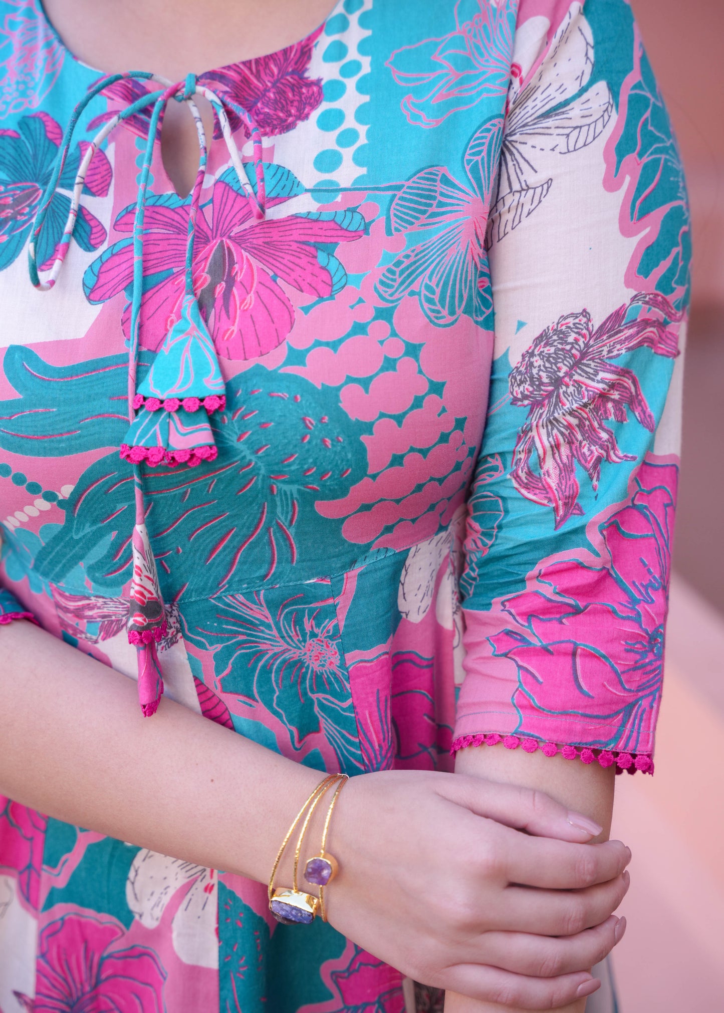 Soft Cotton Floral Flared Turquoise Dress