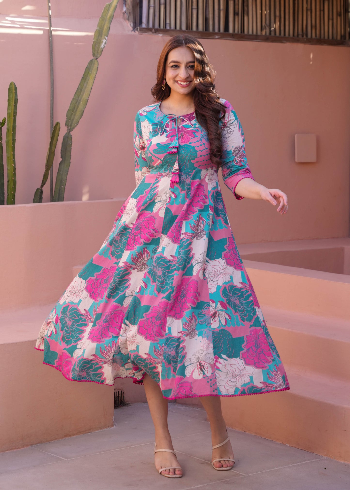 Soft Cotton Floral Flared Turquoise Dress