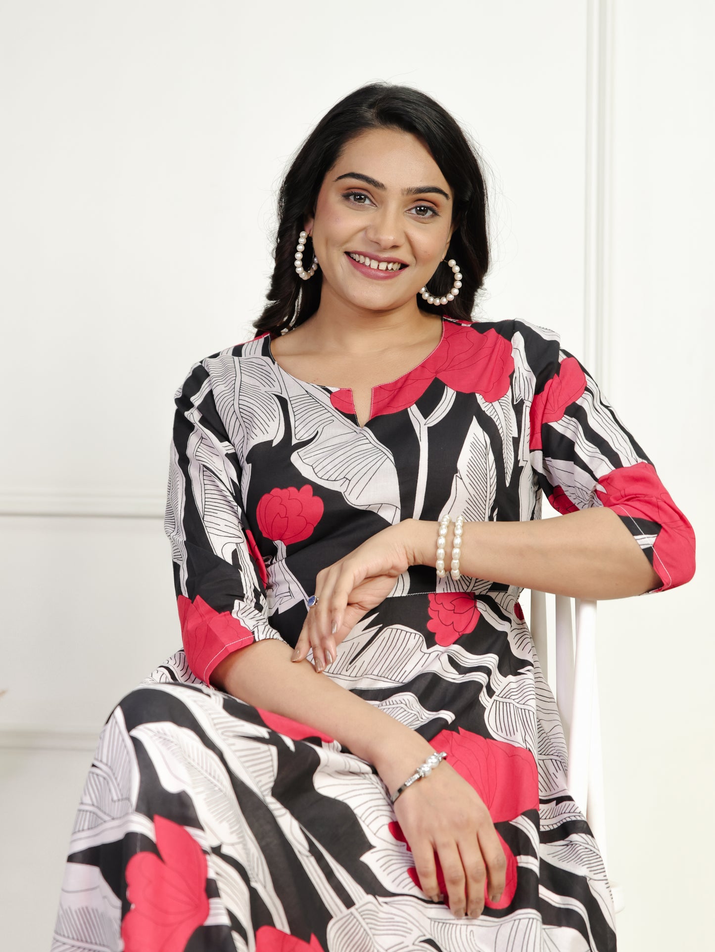 Soft Cotton Floral Flared Black Dress