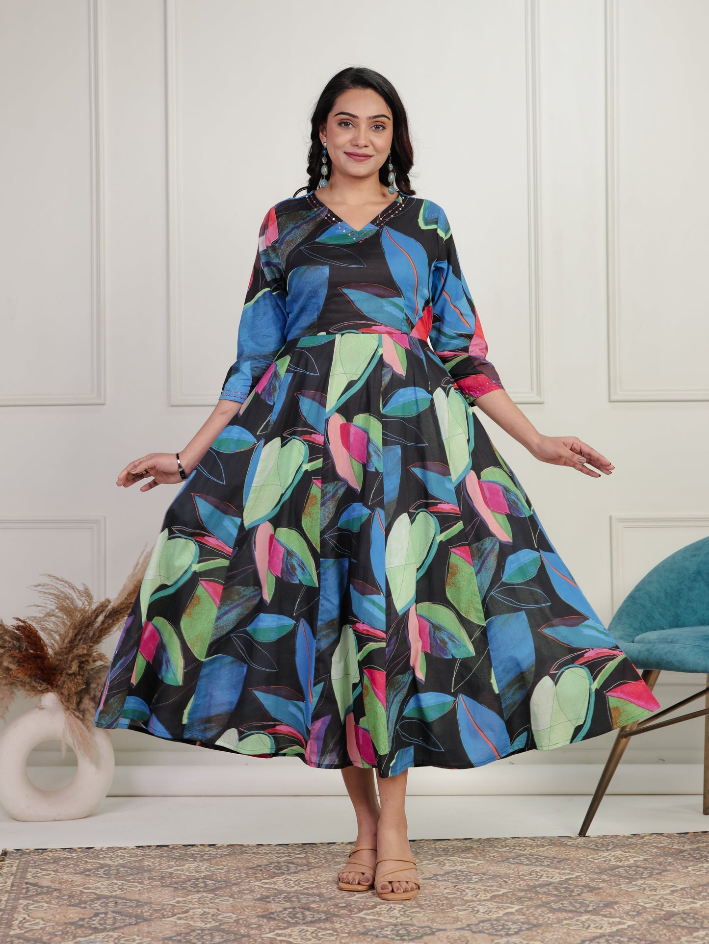 Embroidered Soft Cotton Floral Anarkali Navy Blue Dress