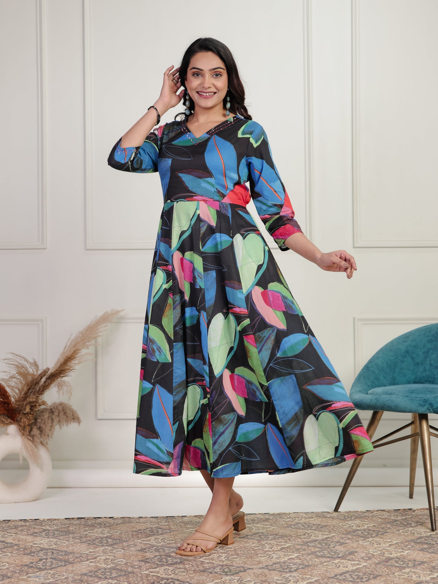 Embroidered Soft Cotton Floral Anarkali Navy Blue Dress