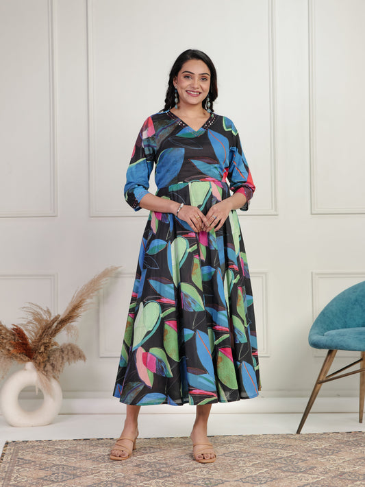 Embroidered Soft Cotton Floral Anarkali Navy Blue Dress
