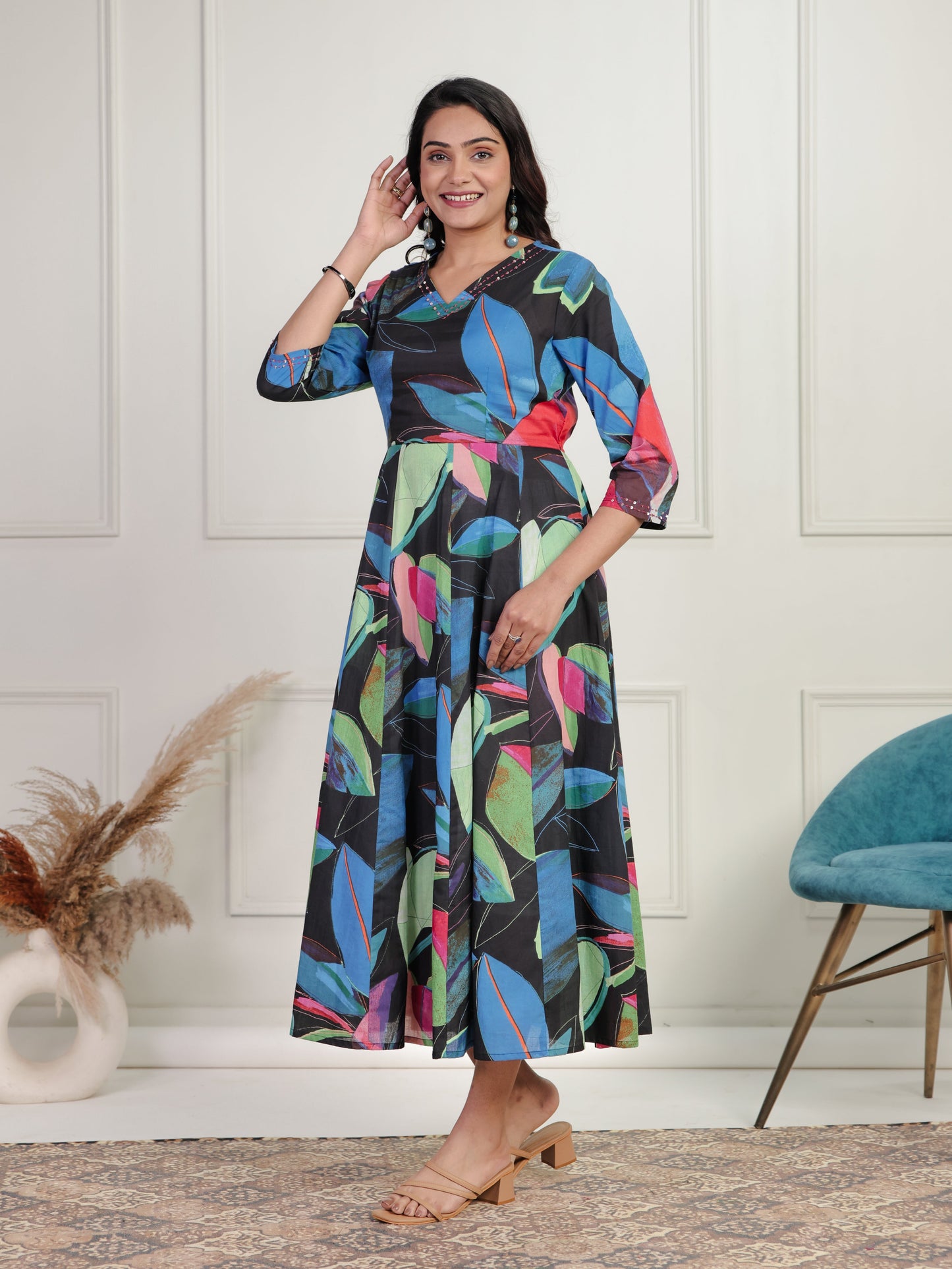 Embroidered Soft Cotton Floral Anarkali Navy Blue Dress