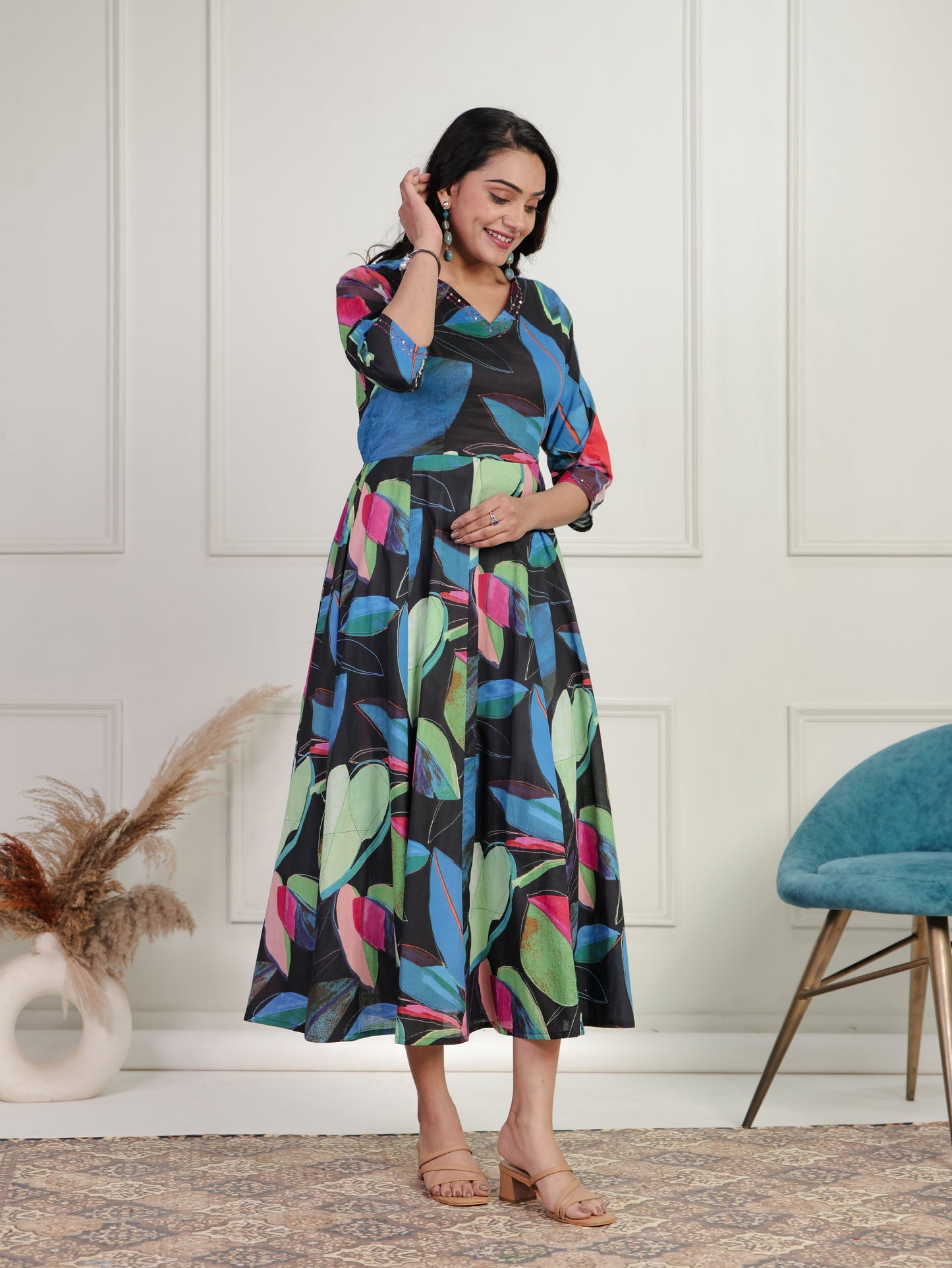 Embroidered Soft Cotton Floral Anarkali Navy Blue Dress