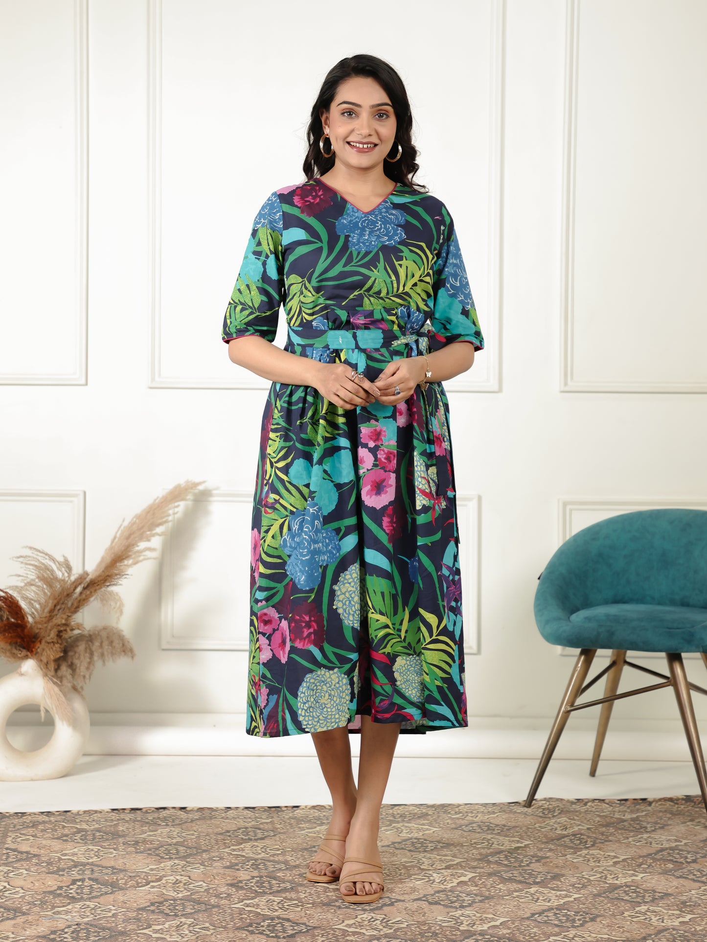Soft Cotton Foliage Flared Multicolor Dress
