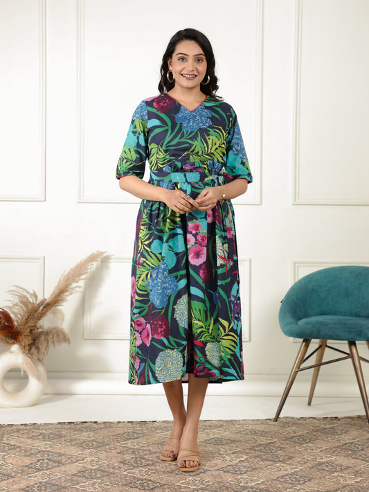 Soft Cotton Foliage Flared Multicolor Dress