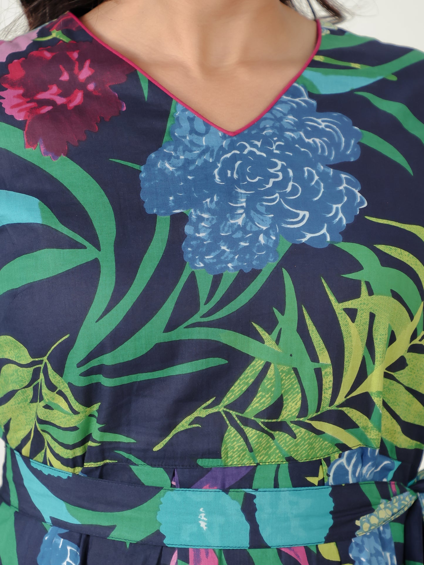 Soft Cotton Foliage Flared Multicolor Dress
