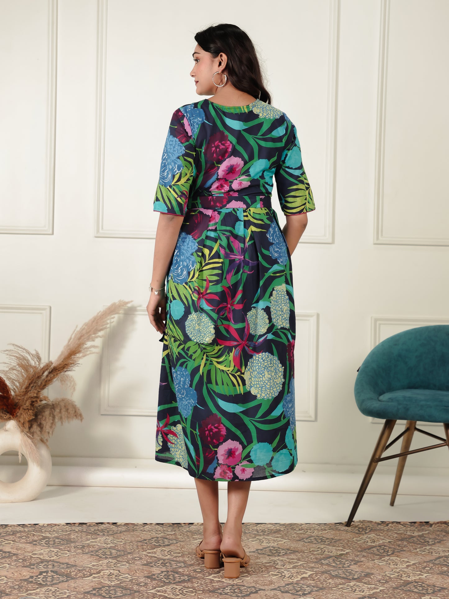 Soft Cotton Foliage Flared Multicolor Dress