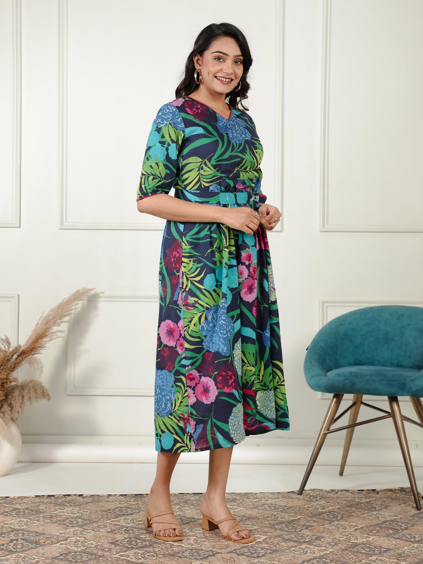 Soft Cotton Foliage Flared Multicolor Dress