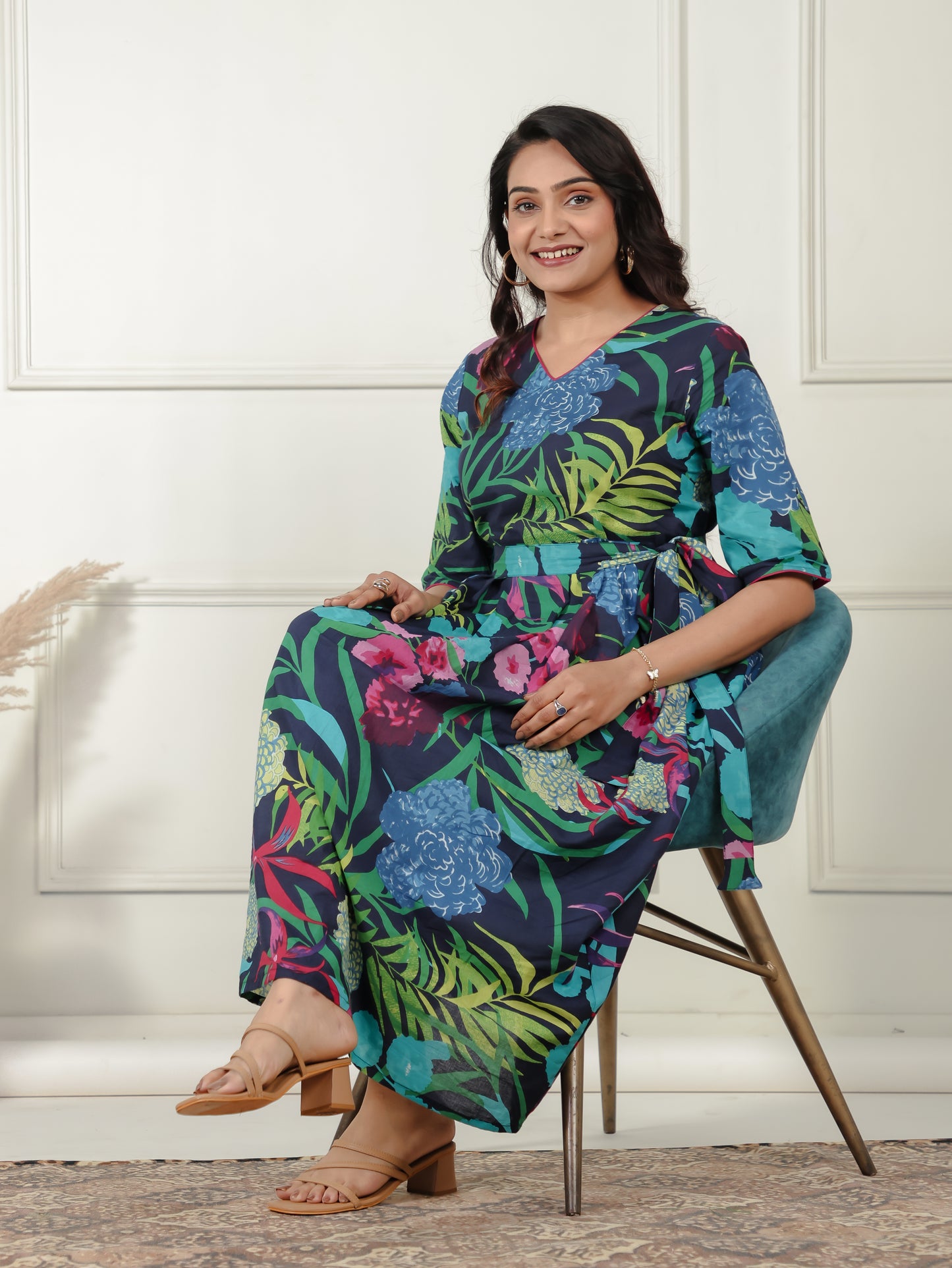 Soft Cotton Foliage Flared Multicolor Dress