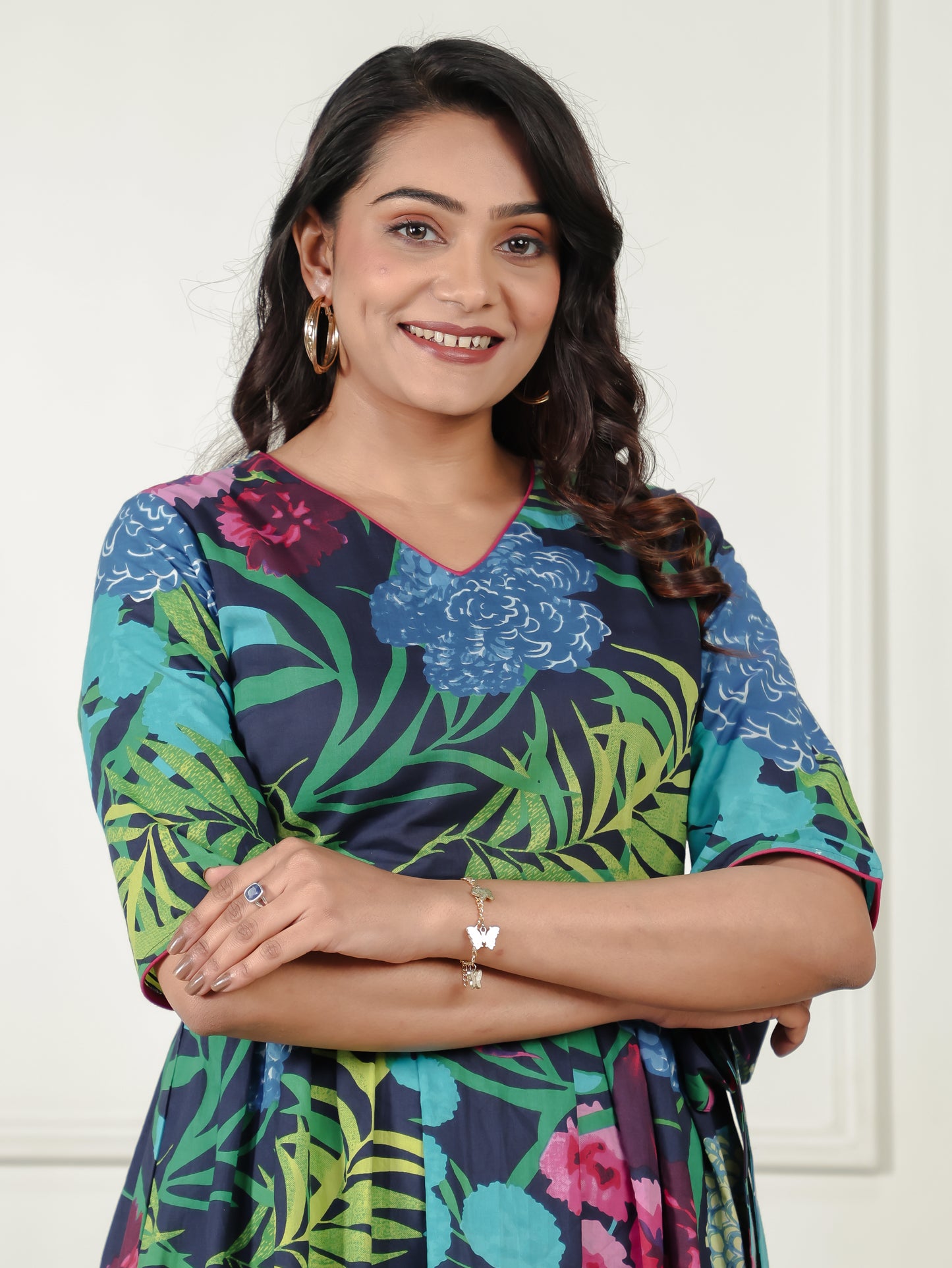 Soft Cotton Foliage Flared Multicolor Dress