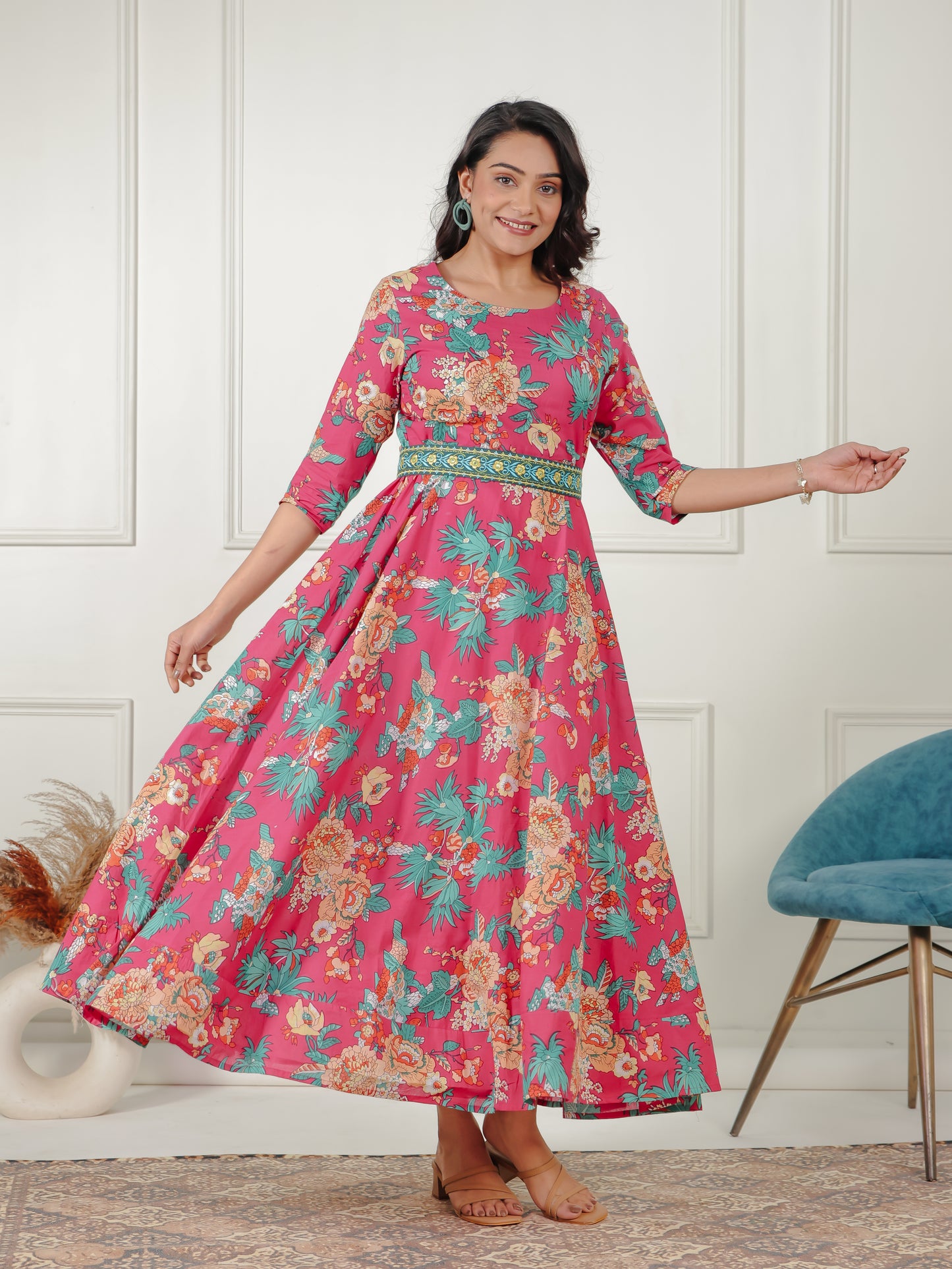 Embroidered Soft Cotton Floral Anarkali Pink Dress