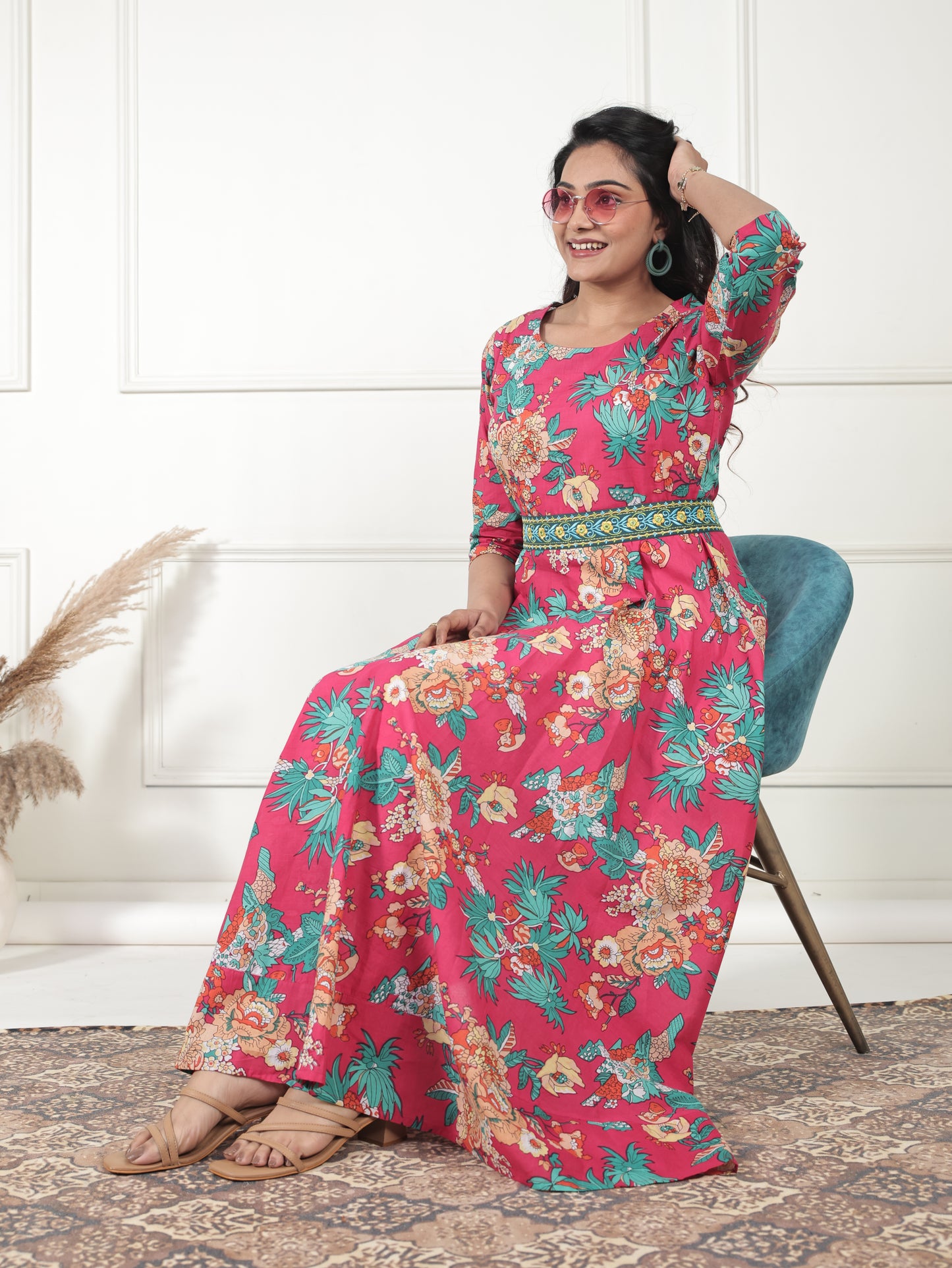 Embroidered Soft Cotton Floral Anarkali Pink Dress