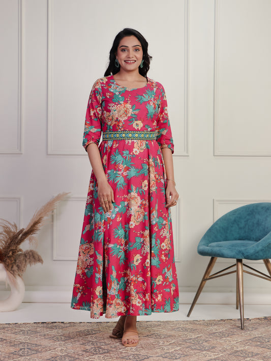 Embroidered Soft Cotton Floral Anarkali Pink Dress