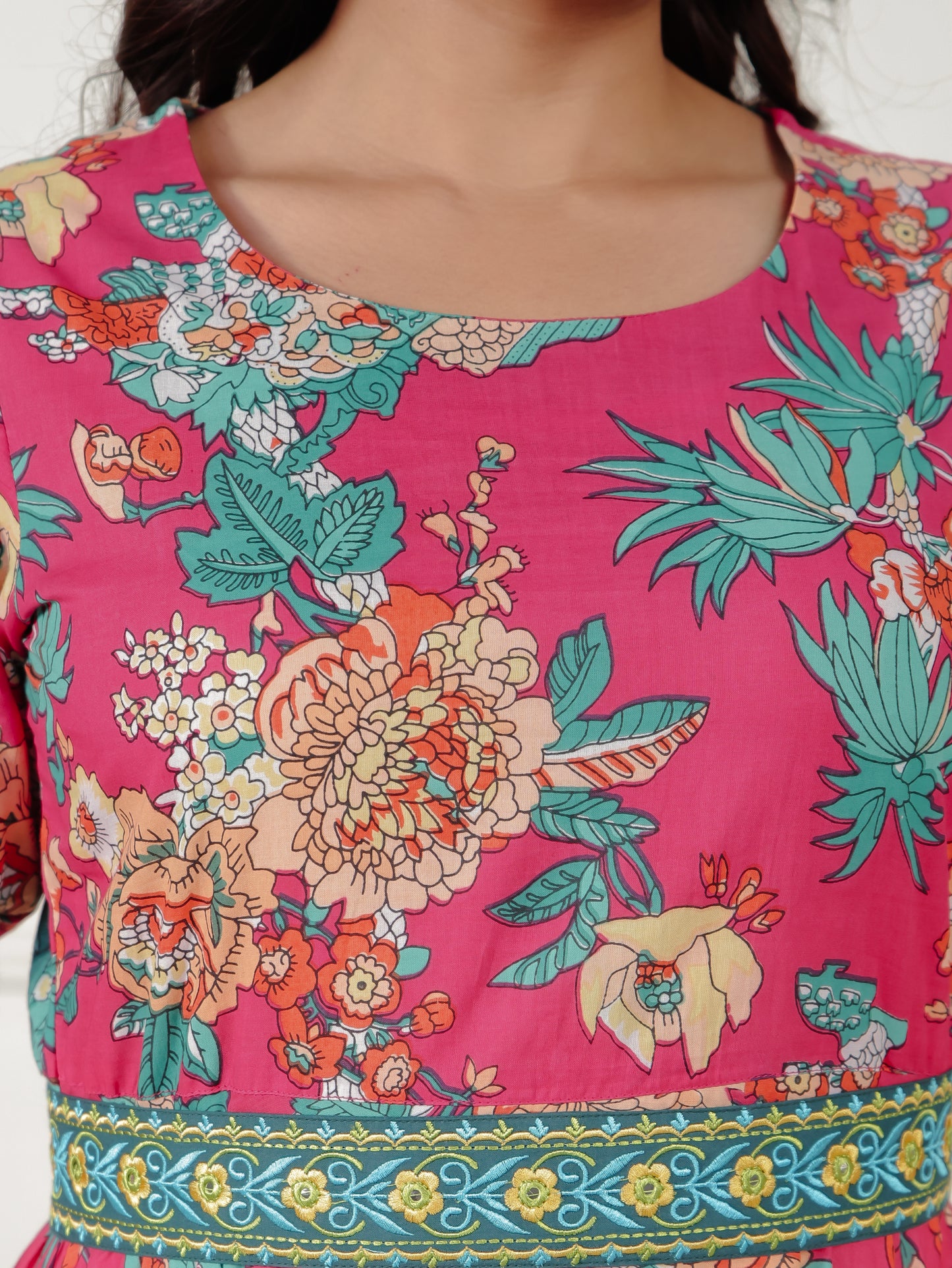Embroidered Soft Cotton Floral Anarkali Pink Dress
