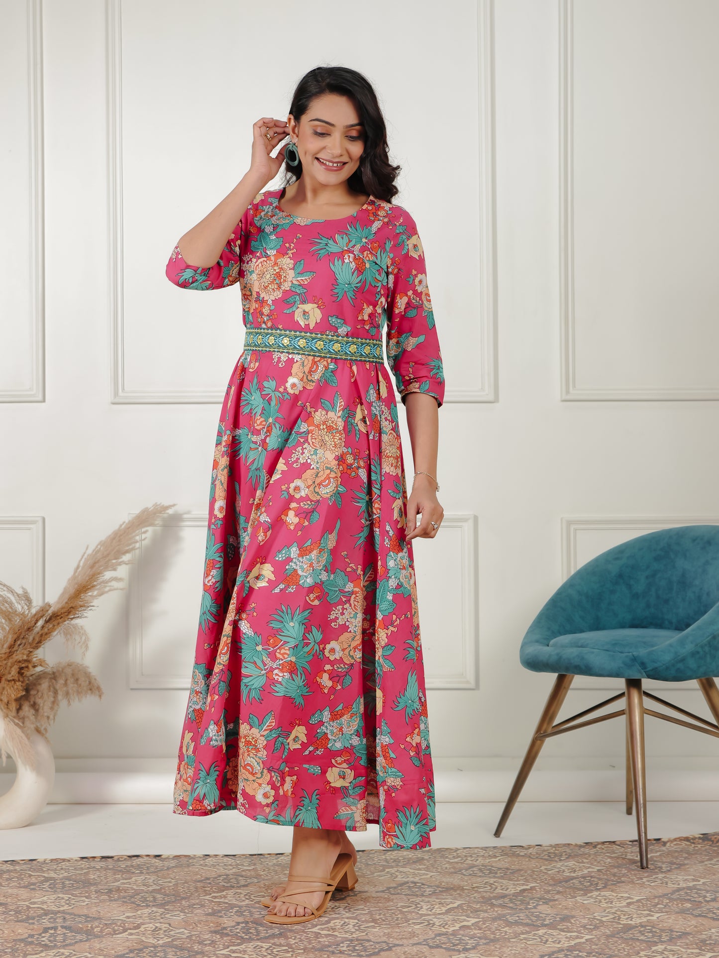 Embroidered Soft Cotton Floral Anarkali Pink Dress