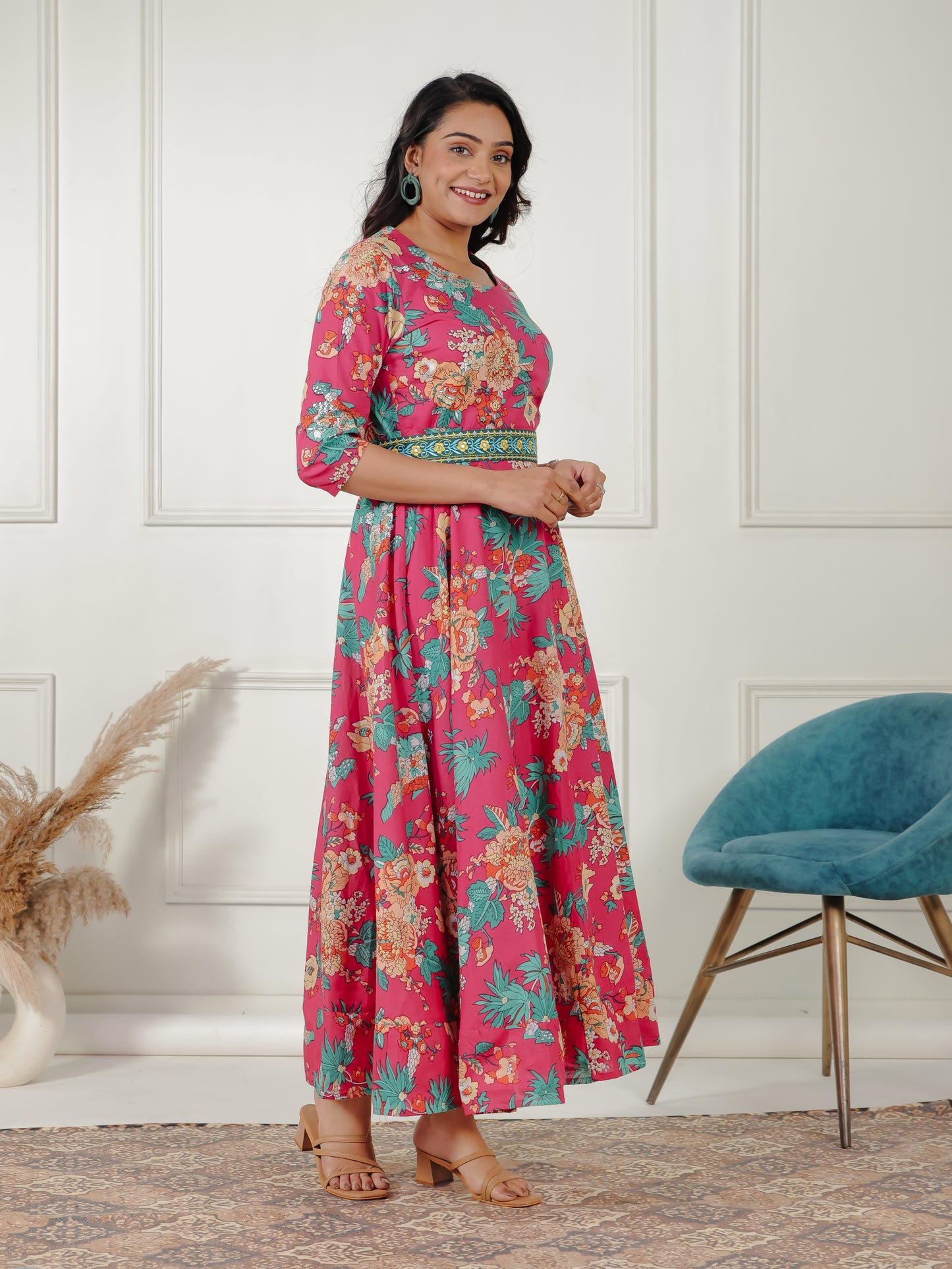 Embroidered Soft Cotton Floral Anarkali Pink Dress