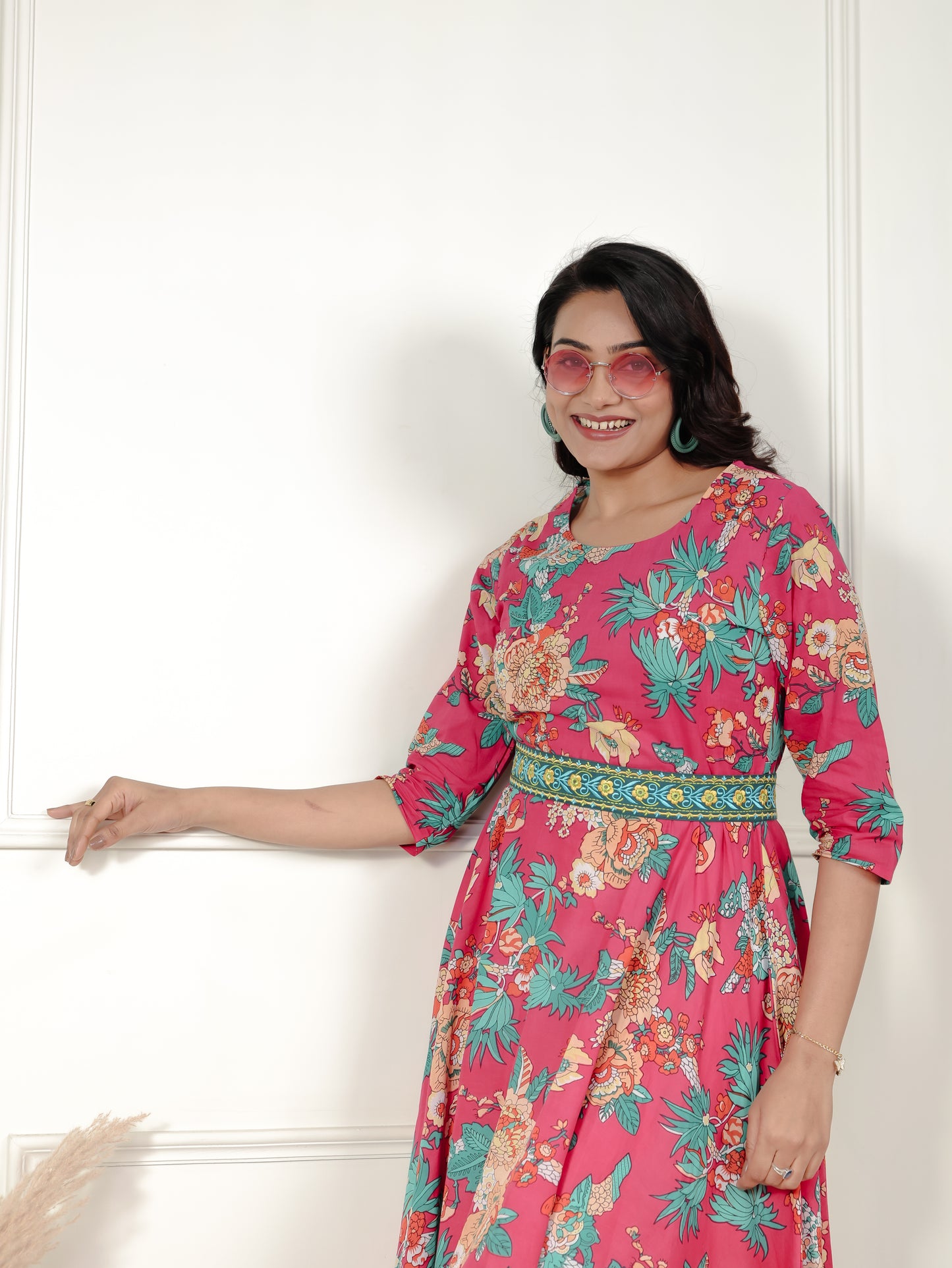 Embroidered Soft Cotton Floral Anarkali Pink Dress