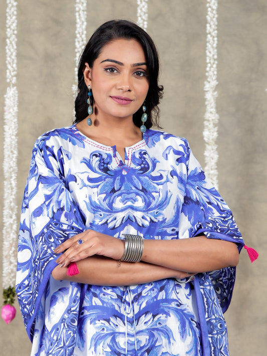 Soft Cotton Abstract Kaftan Blue Dress