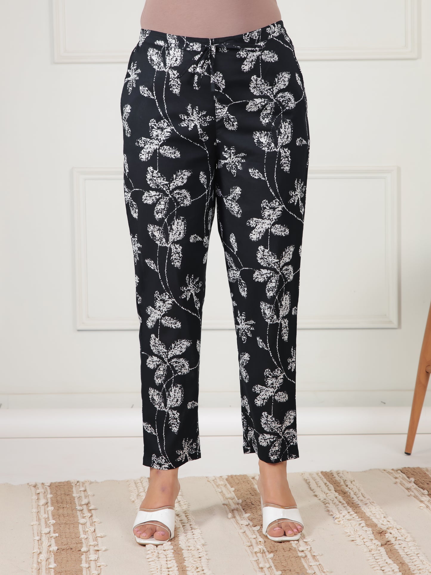 Soft Cotton Floral Black Tapered Trousers
