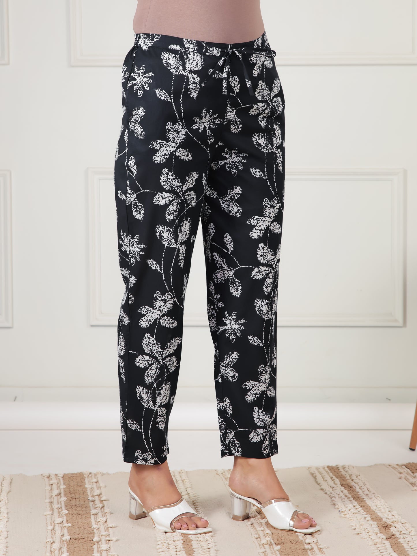 Soft Cotton Floral Black Tapered Trousers