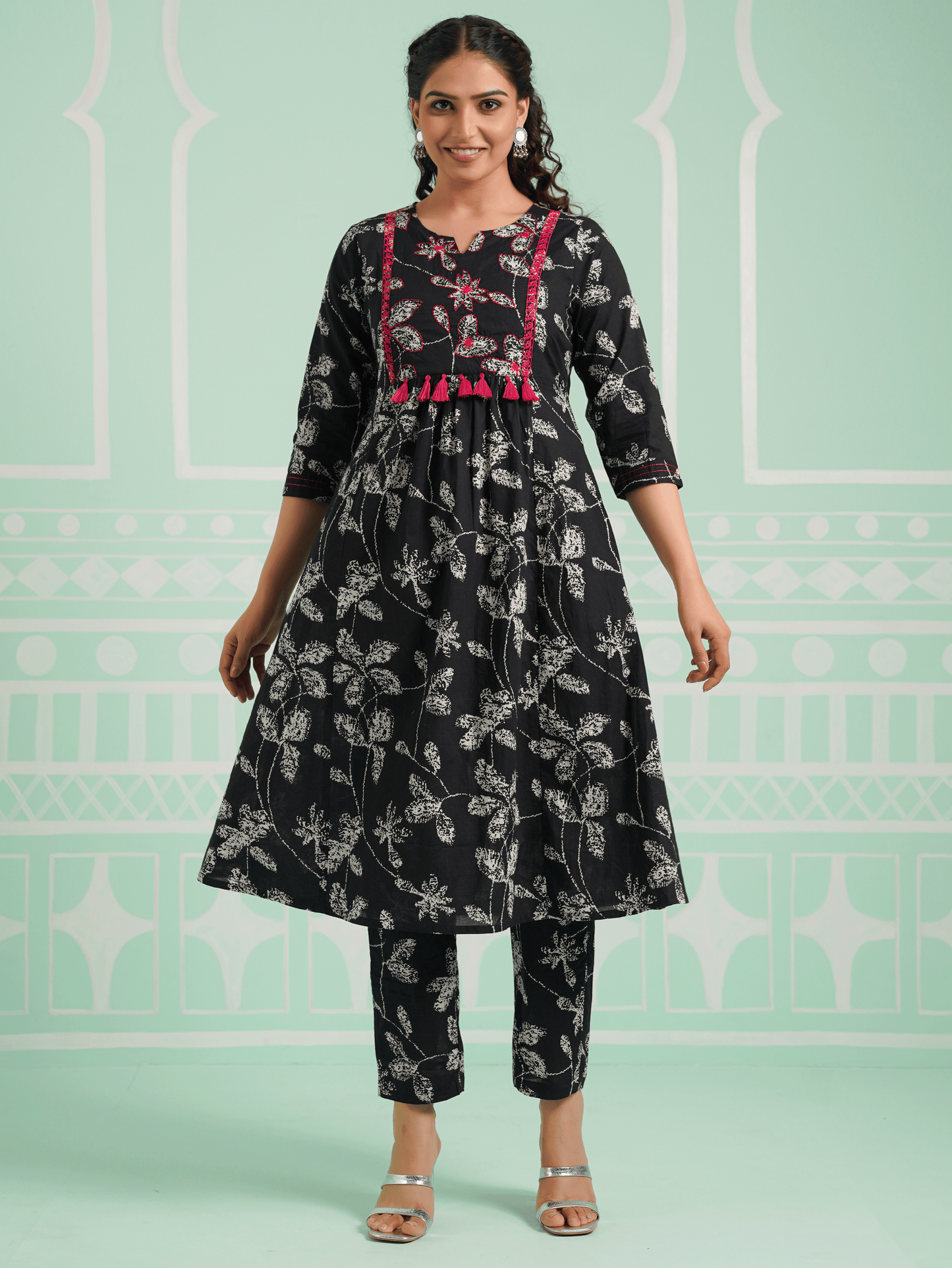 Embroidered Soft Cotton Floral Flared Black Kurta