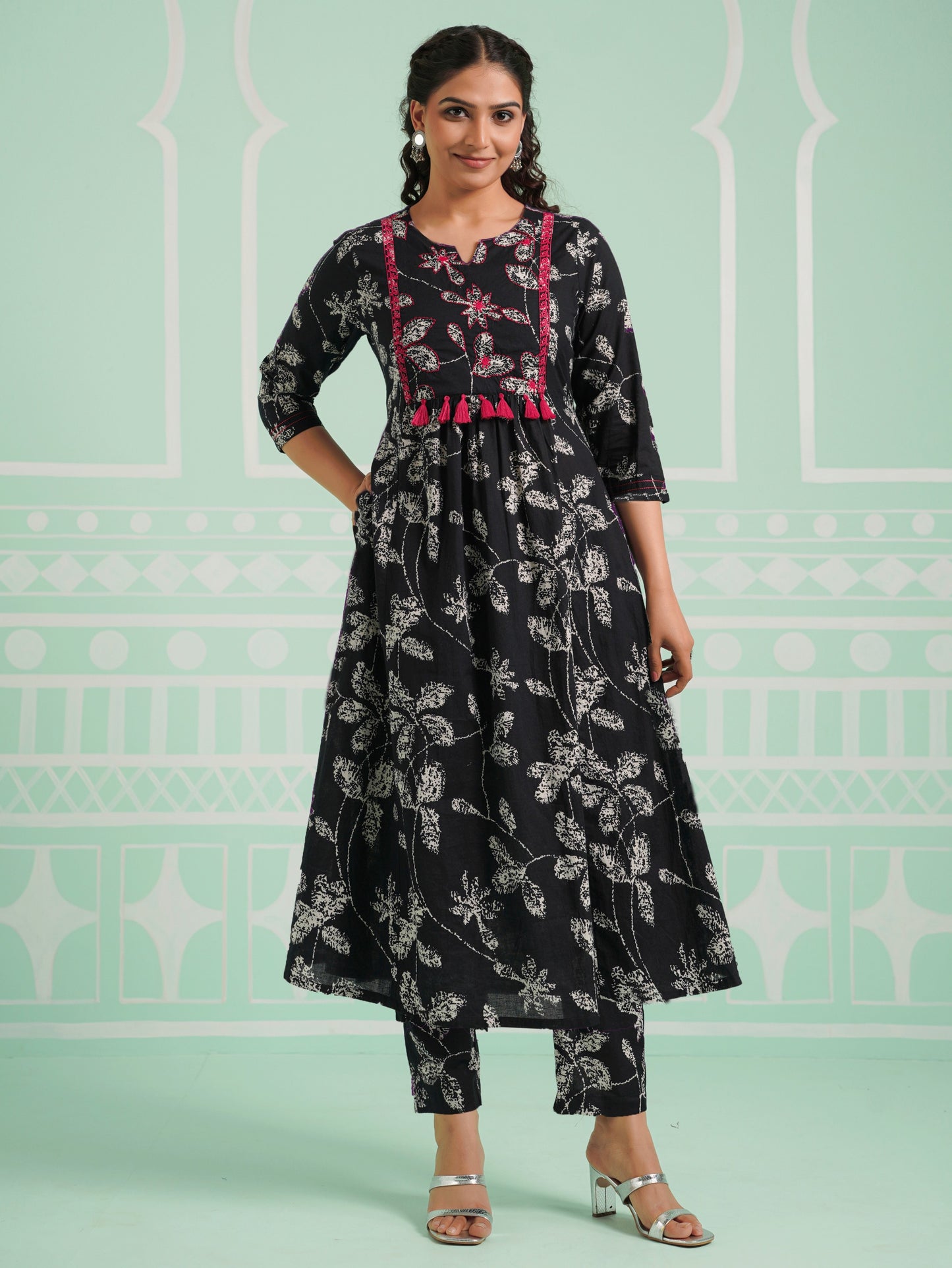 Embroidered Soft Cotton Floral Flared Black Kurta