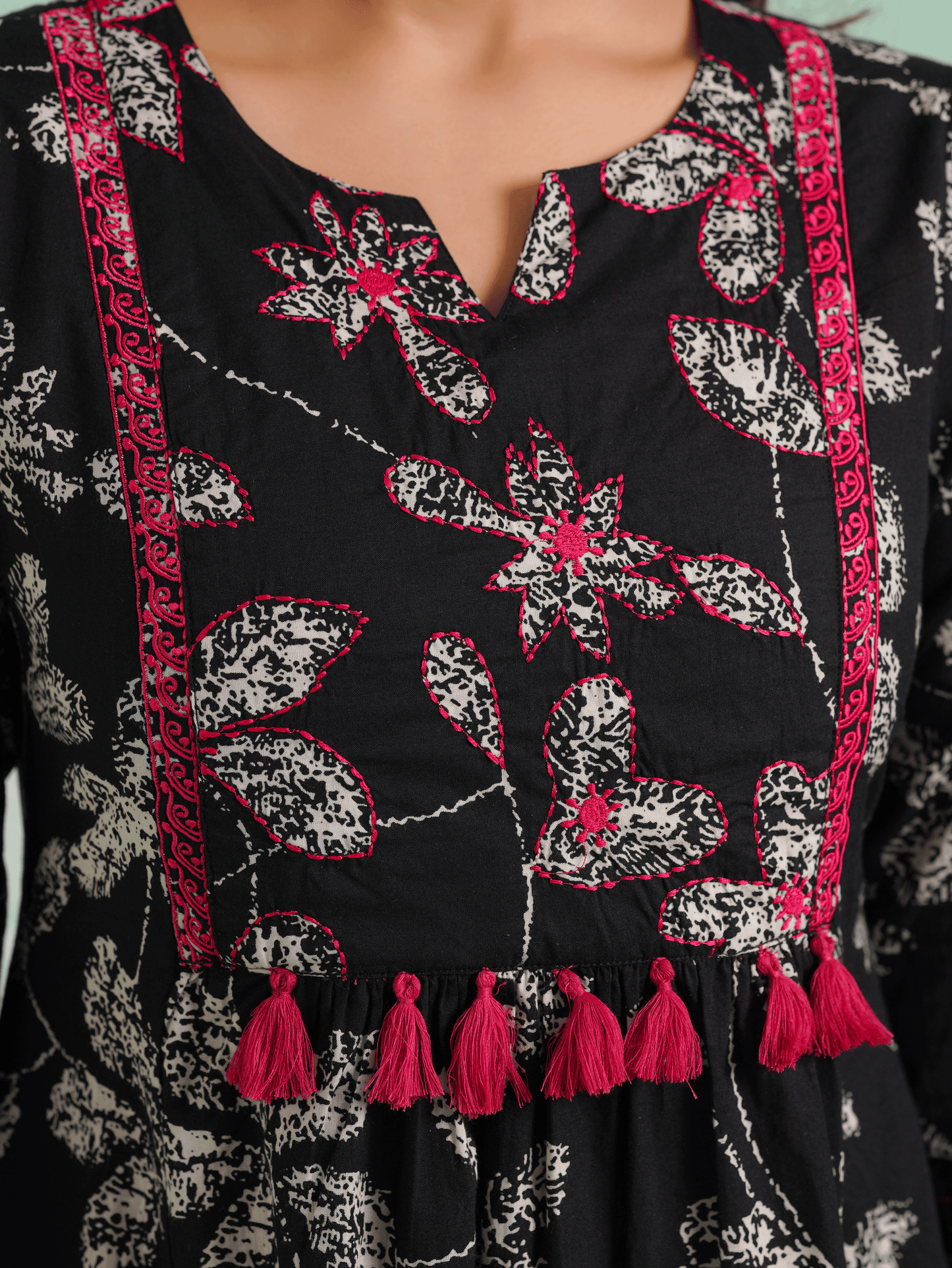 Embroidered Soft Cotton Floral Flared Black Kurta