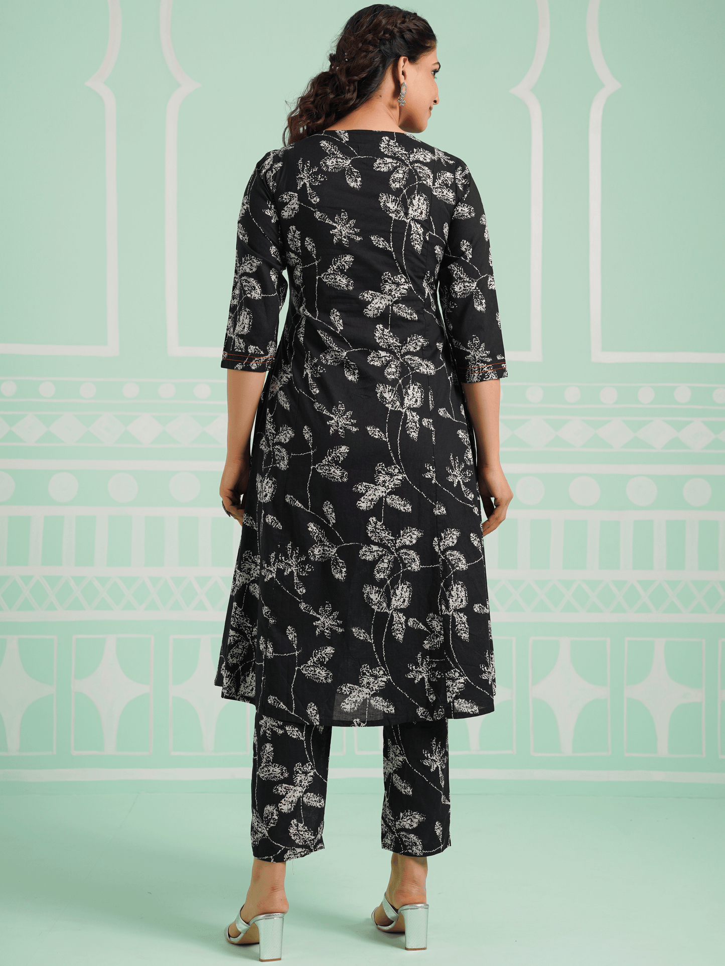 Embroidered Soft Cotton Floral Flared Black Kurta