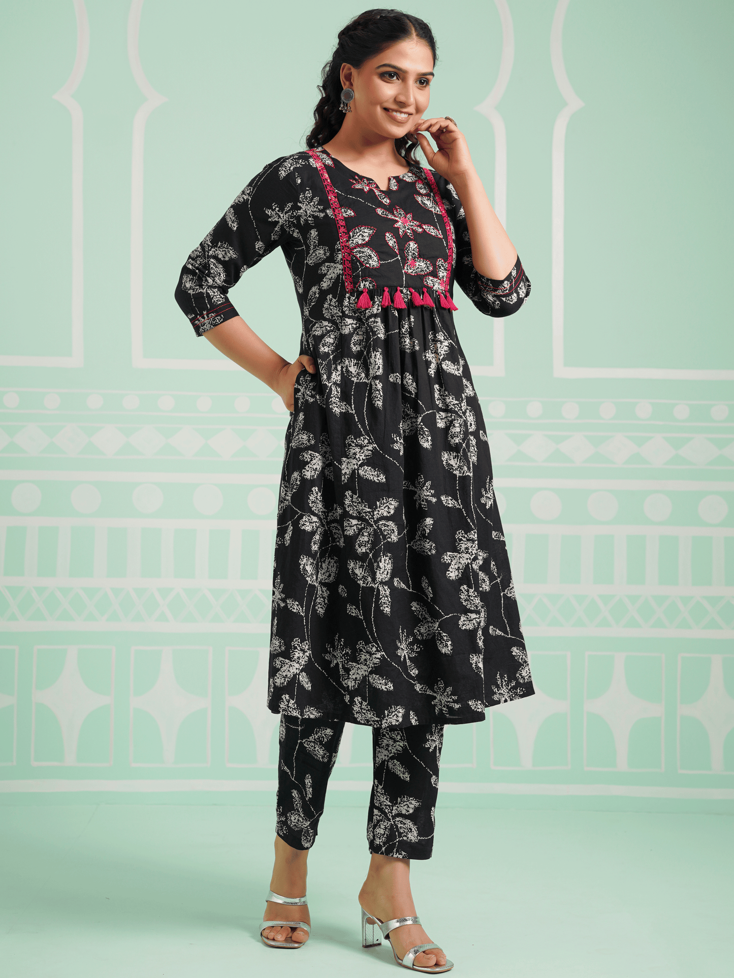 Embroidered Soft Cotton Floral Flared Black Kurta