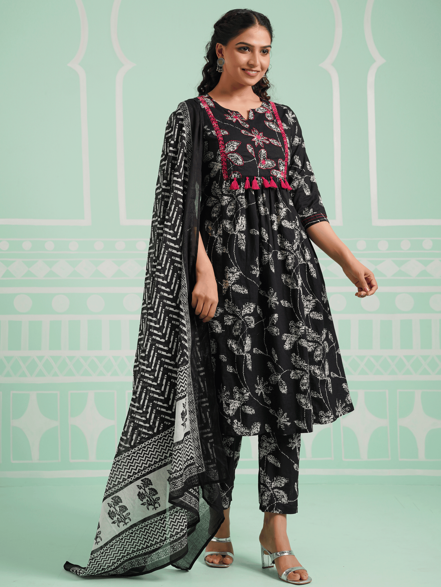 Embroidered Soft Cotton Floral Flared Black Kurta