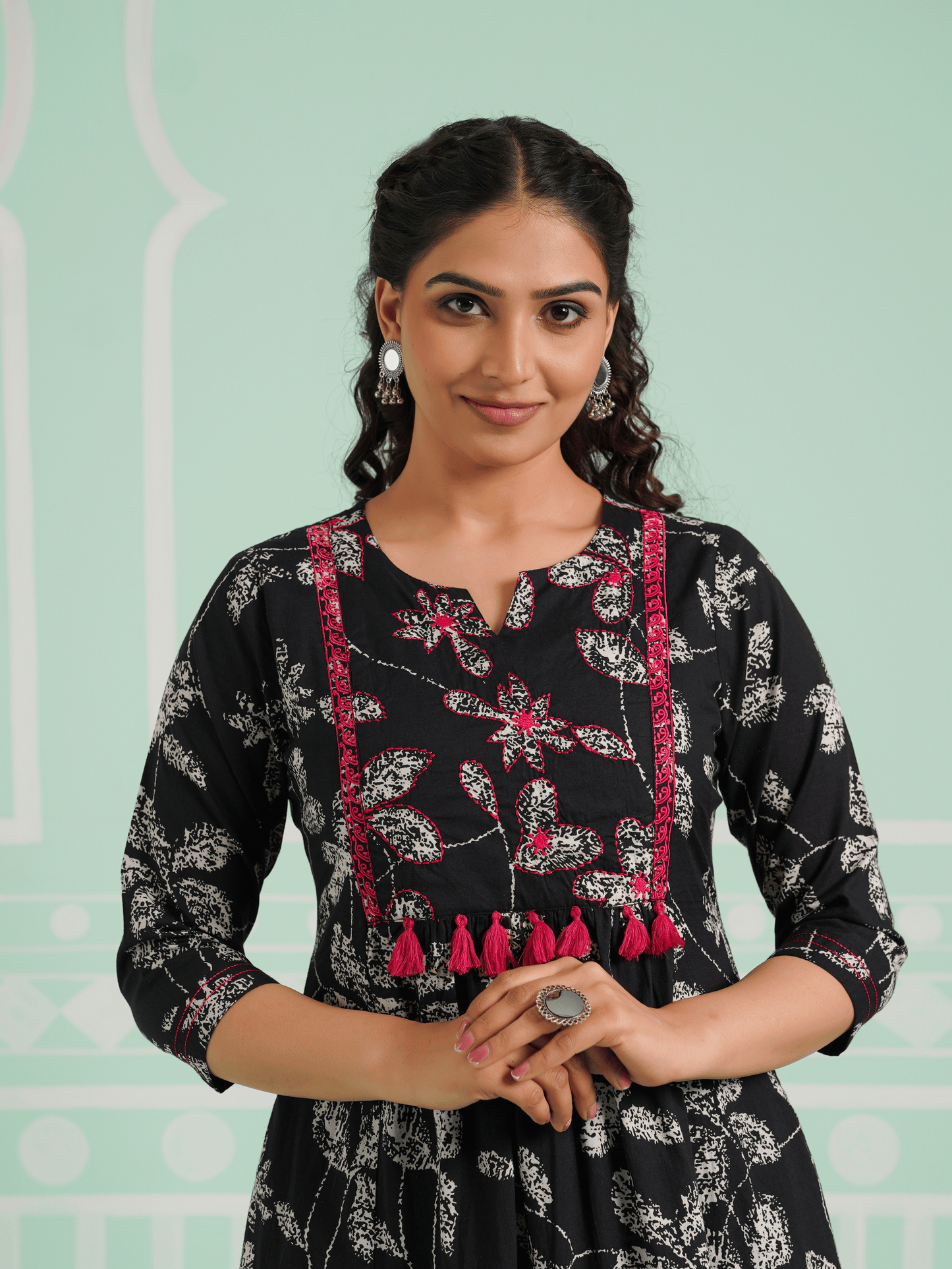 Embroidered Soft Cotton Floral Flared Black Kurta
