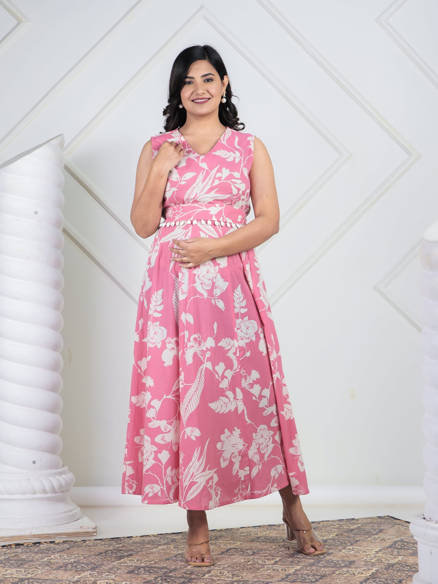 Soft Cotton Floral Flared Pink Dress