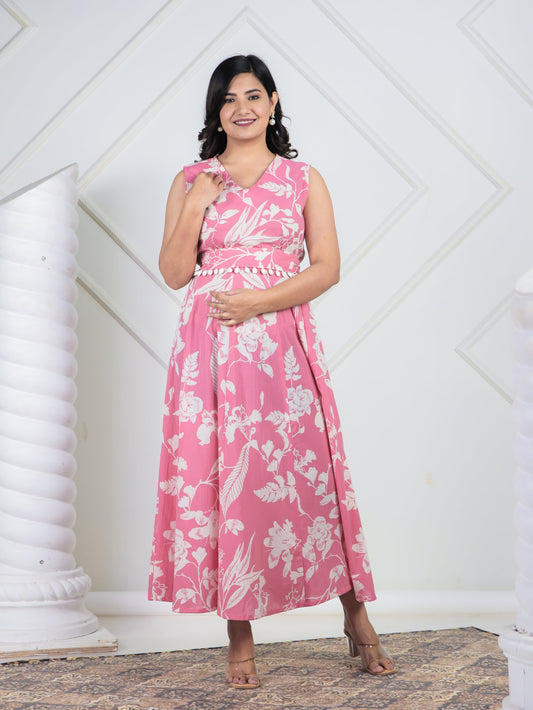 Soft Cotton Floral Flared Pink Dress