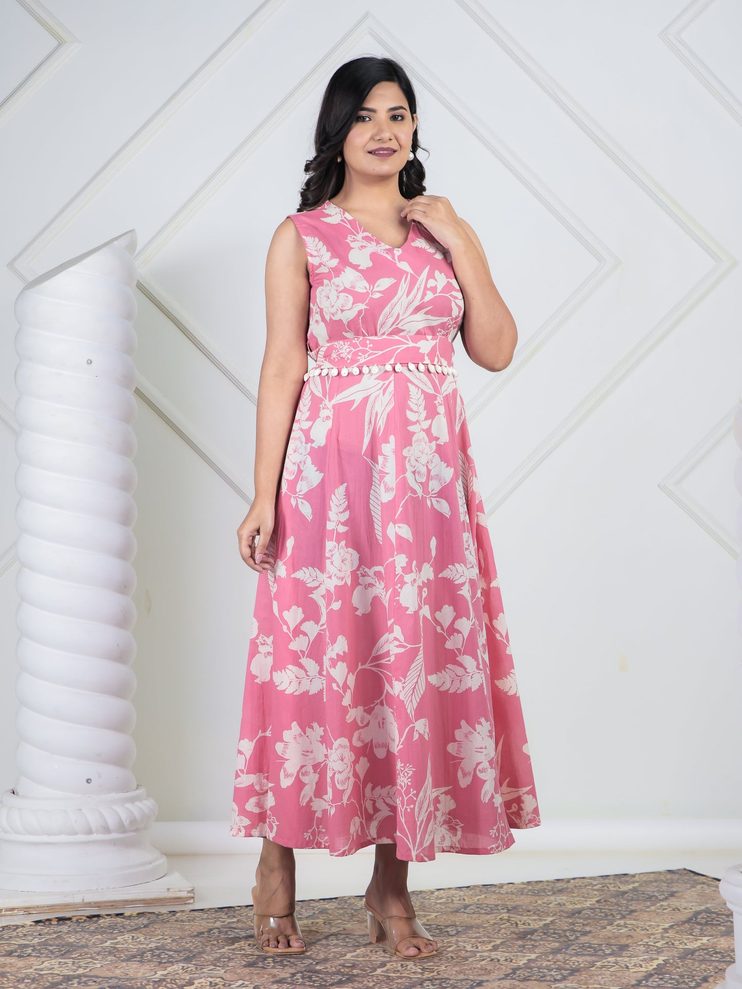 Soft Cotton Floral Flared Pink Dress