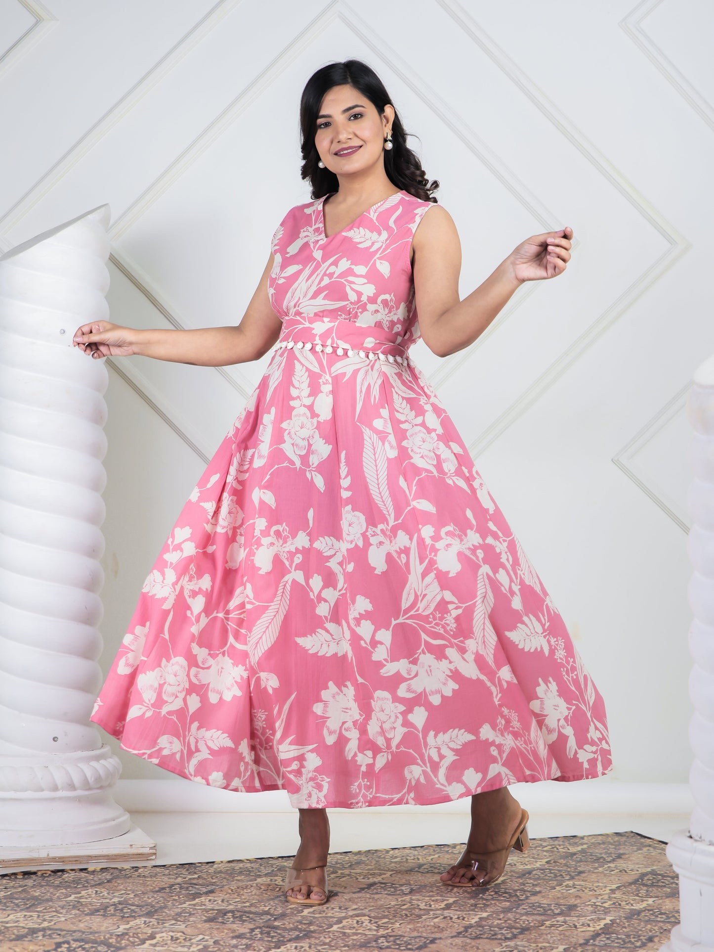 Soft Cotton Floral Flared Pink Dress