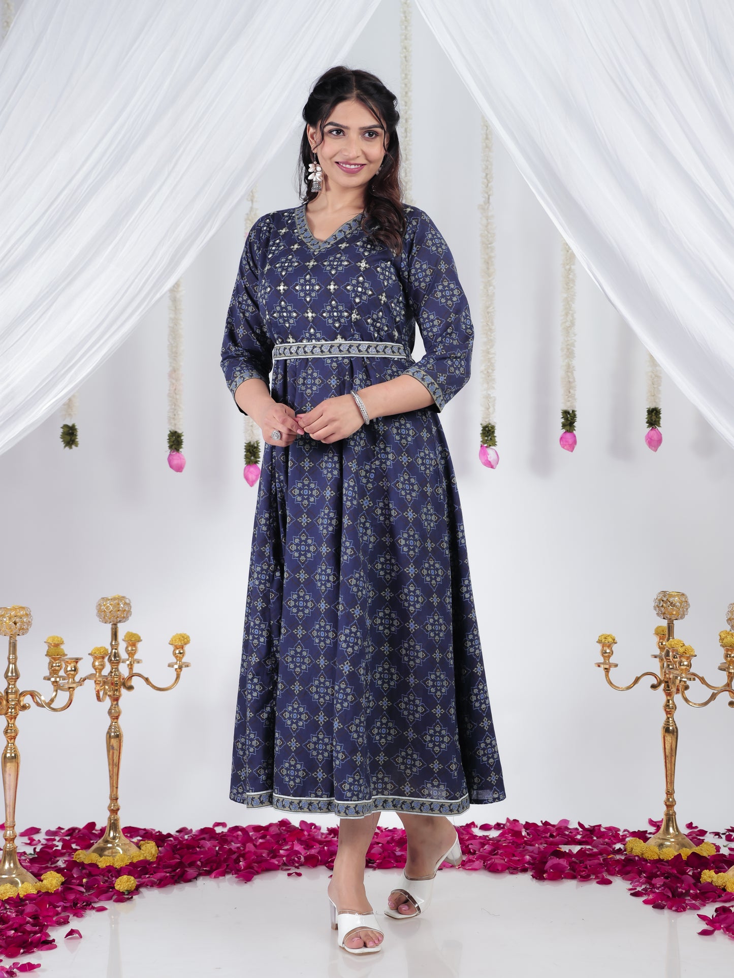 Embroidered Soft Cotton Ajrakh Angrakha Blue Dress