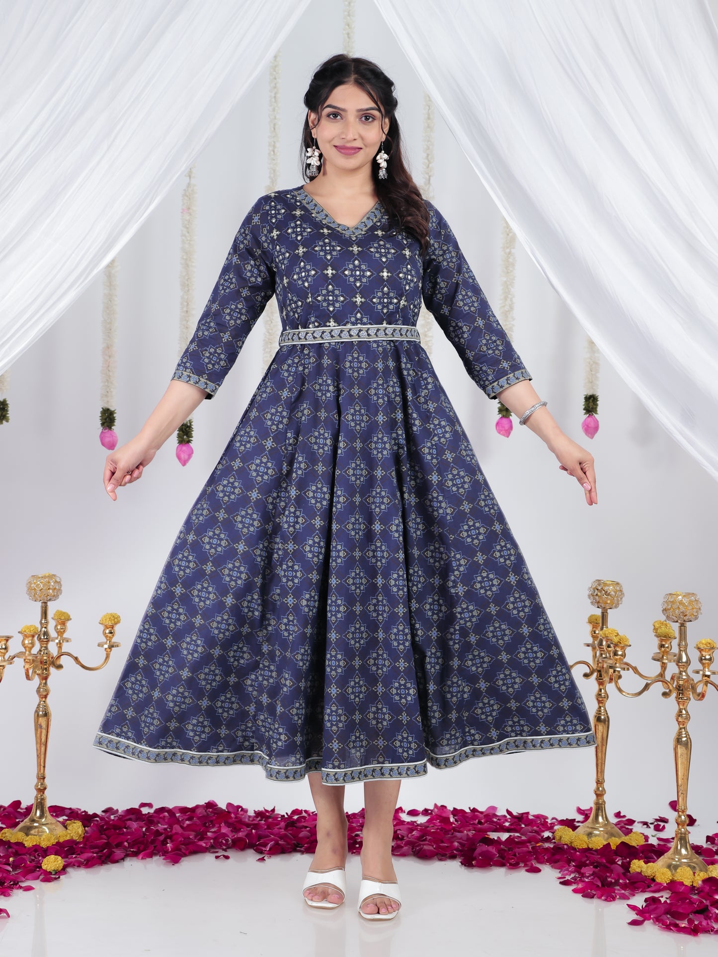 Embroidered Soft Cotton Ajrakh Angrakha Blue Dress