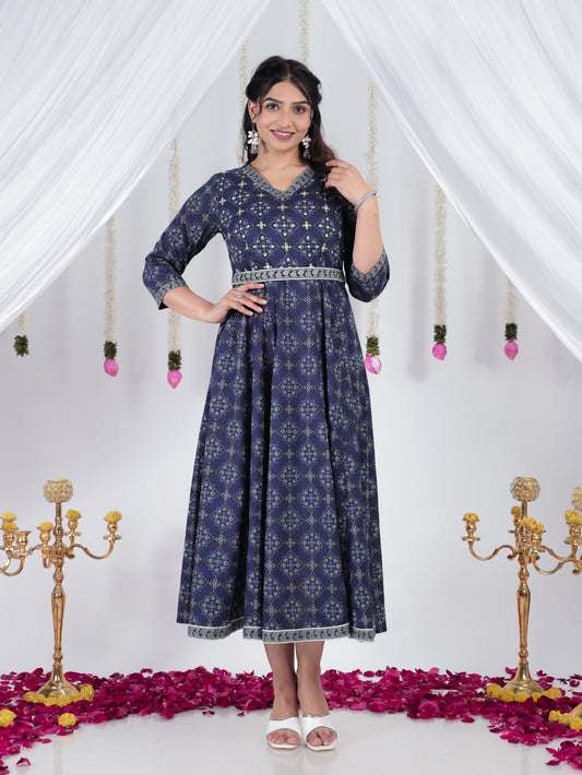 Embroidered Soft Cotton Ajrakh Angrakha Blue Dress