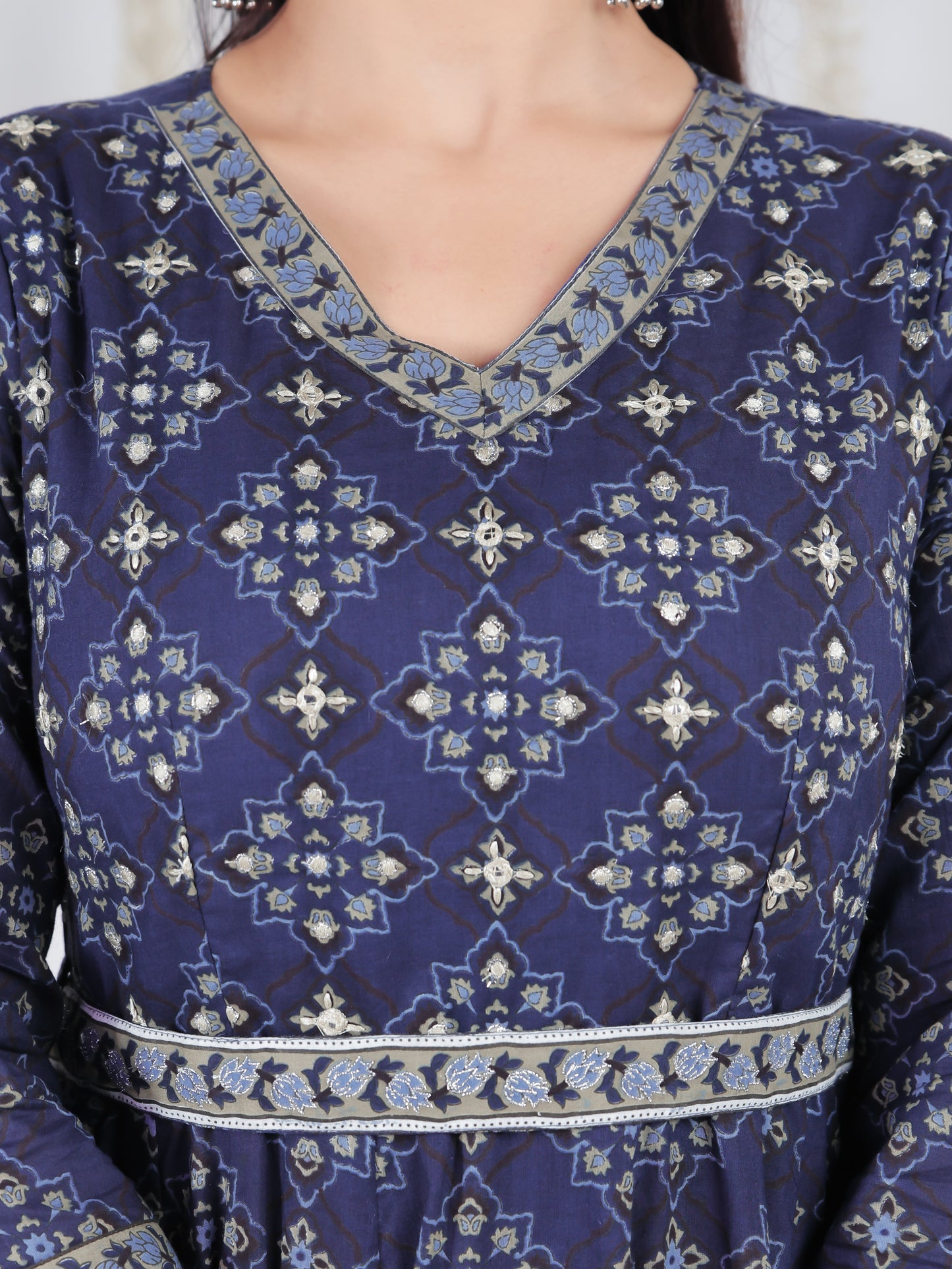 Embroidered Soft Cotton Ajrakh Angrakha Blue Dress