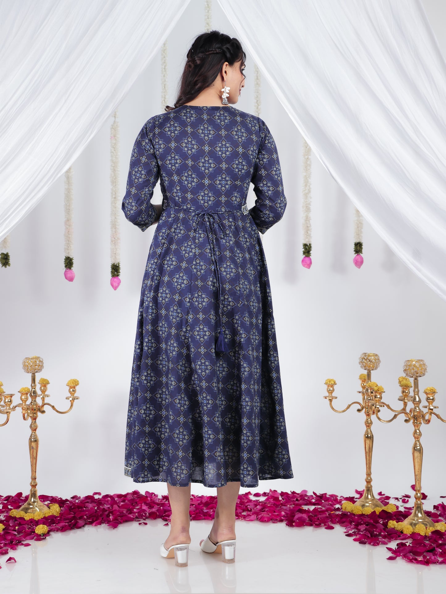 Embroidered Soft Cotton Ajrakh Angrakha Blue Dress