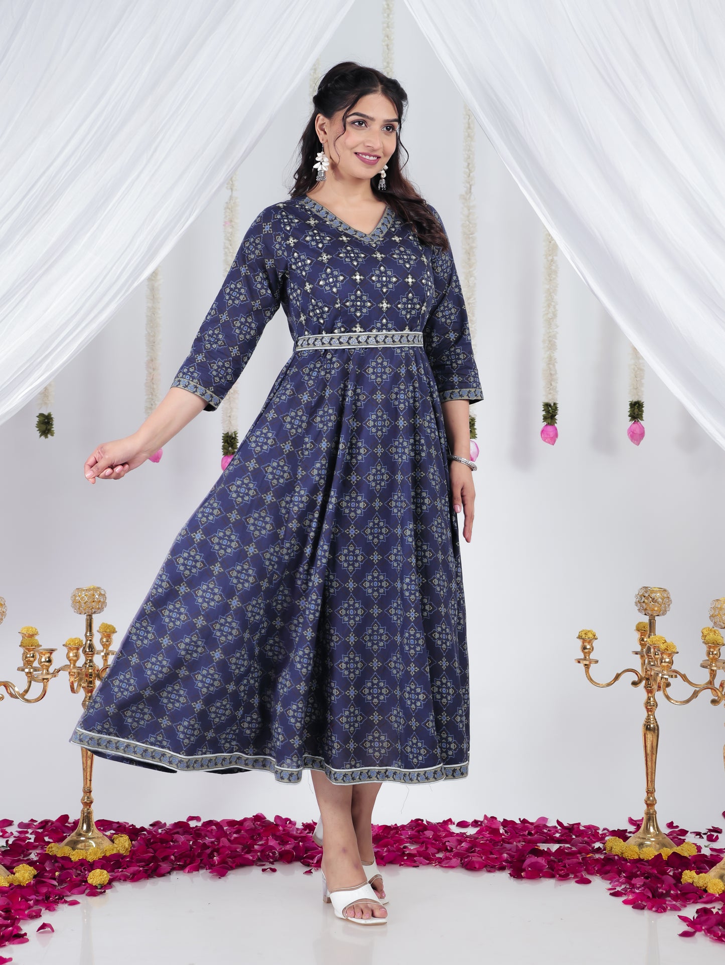 Embroidered Soft Cotton Ajrakh Angrakha Blue Dress