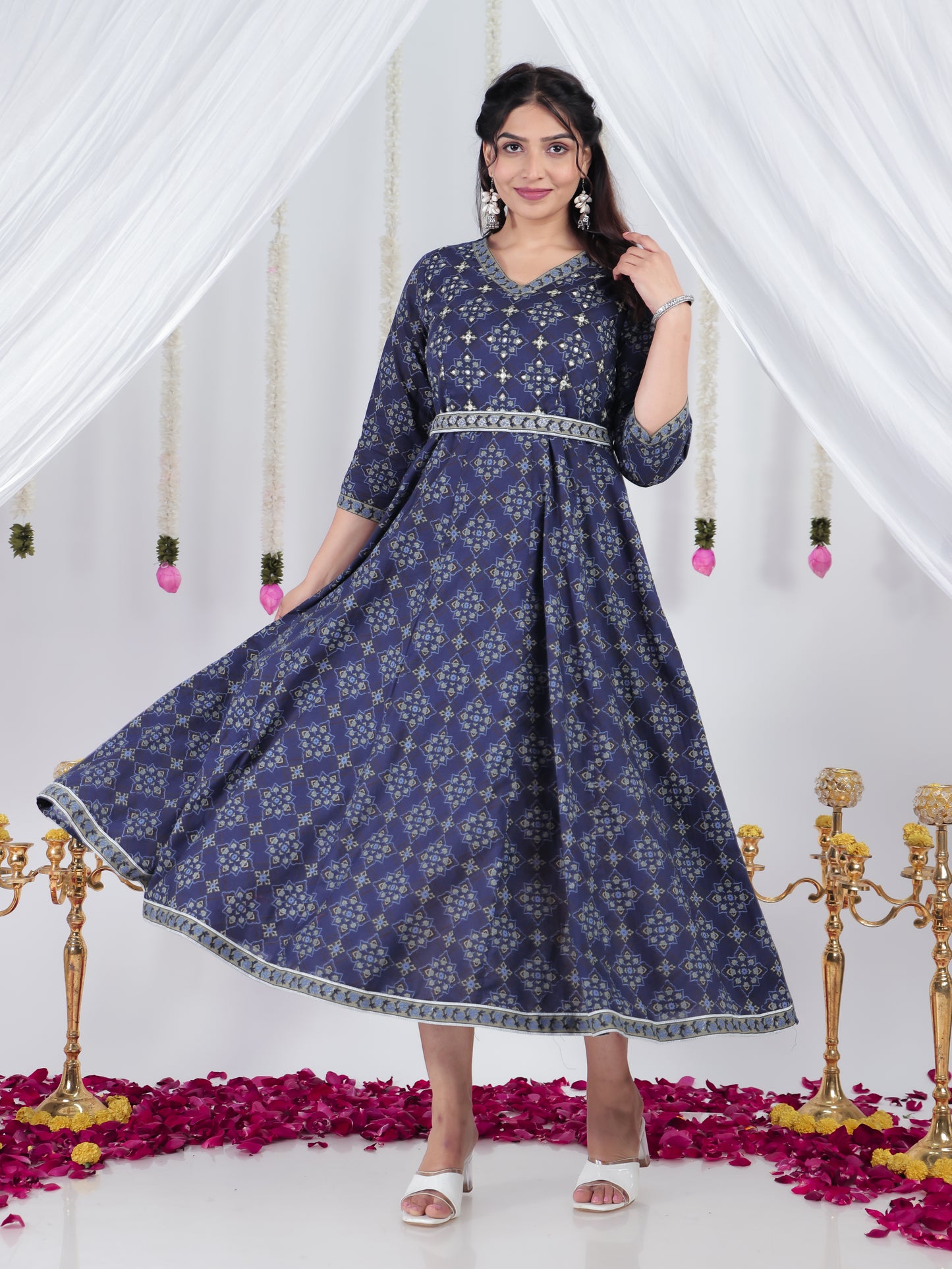 Embroidered Soft Cotton Ajrakh Angrakha Blue Dress