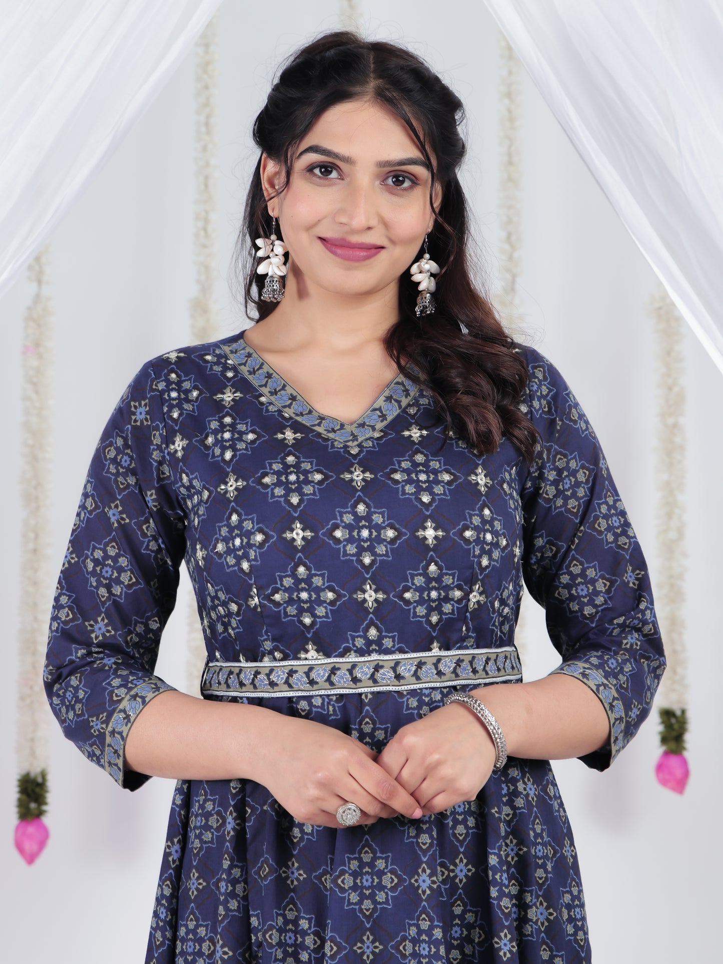 Embroidered Soft Cotton Ajrakh Angrakha Blue Dress