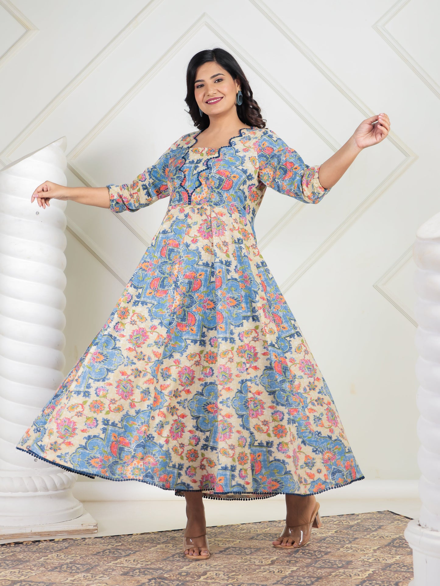 Linen Cotton Floral Flared Off White Dress